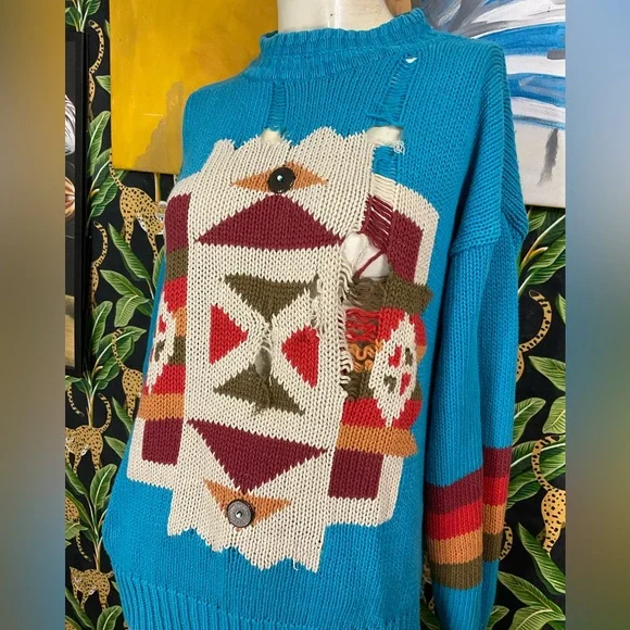 SOLD Grungy vintage southwestern knit pullover sweater OSFM - Picture 3 of 12